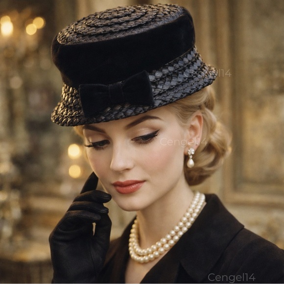 Vintage 1950s Black Tilt Hat Felt Bow Detail Union Made Classic Millinery - Picture 1 of 12